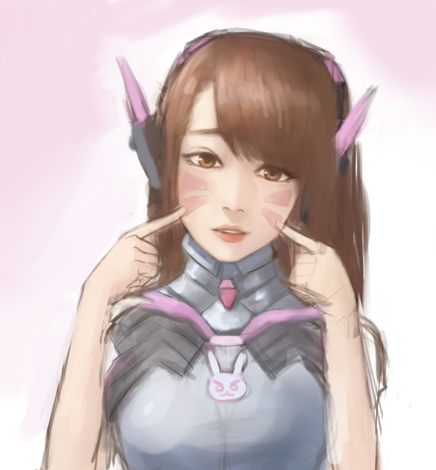 1girl adapted_costume animal_print bangs blue_bodysuit bodysuit breasts brown_hair bunny_print d.va_(overwatch) deuljjugnaljjug facepaint facial_mark gradient gradient_background headphones high_collar highres lips long_hair looking_at_viewer meka_(overwatch) overwatch parted_lips pilot_suit pink_background ribbed_bodysuit shoulder_pads sketch skin_tight sleeveless small_breasts solo swept_bangs upper_body whisker_markings white_background