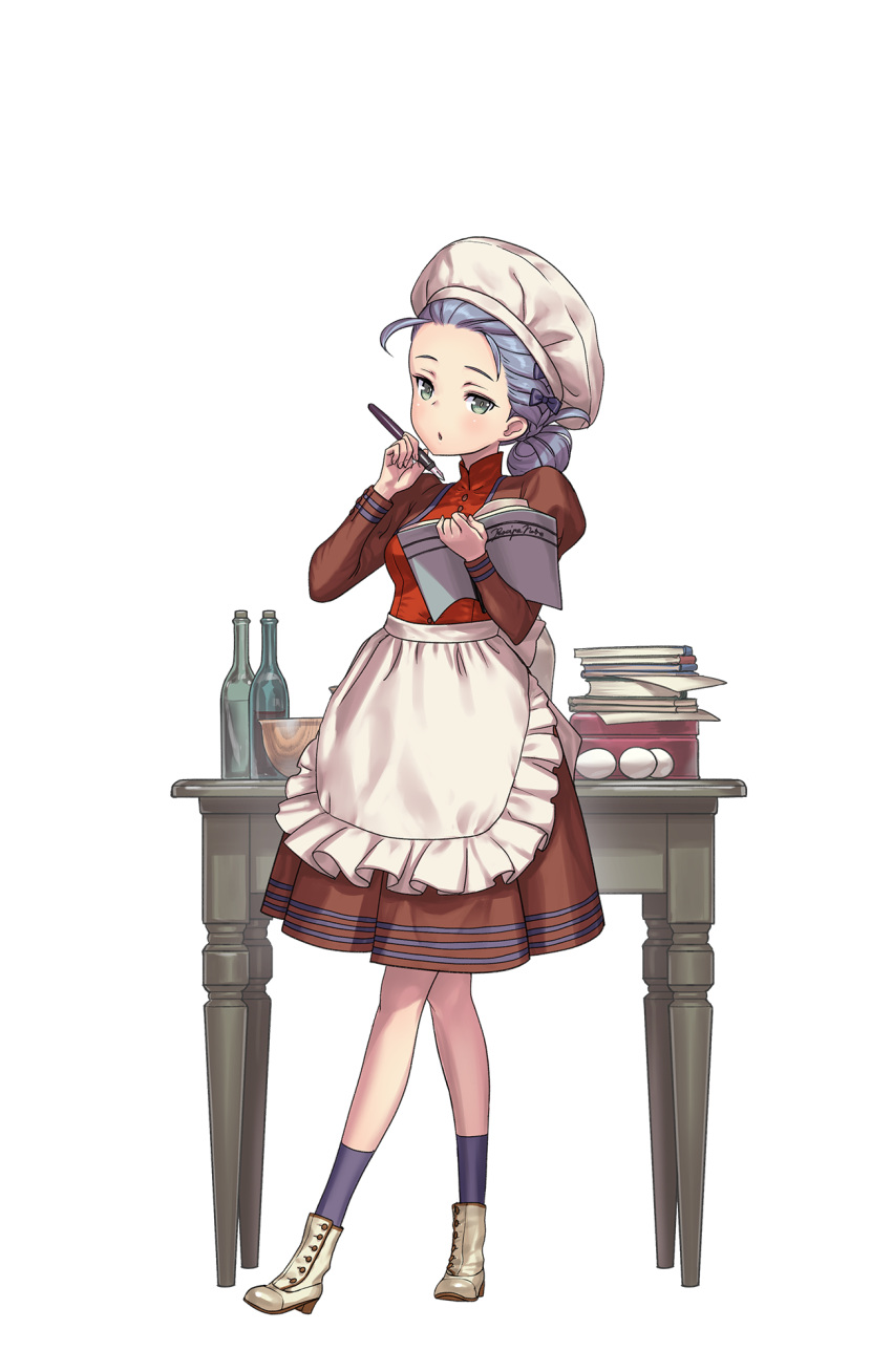 1girl apron blue_legwear book book_stack bottle bowl chef_hat egg full_body green_eyes hand_up hat highres holding holding_book looking_at_viewer maid_apron nikki_quinnell official_art open_book pen princess_principal princess_principal_game_of_mission puffy_sleeves purple_hair red_skirt shoes skirt socks standing table white_shoes