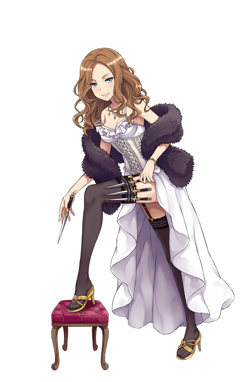 1girl annette_grace black_legwear blue_eyes bracelet breasts brown_hair cleavage dress feather_boa full_body garter_straps high_heels highres jewelry knife leg_up long_hair looking_at_viewer medium_breasts necklace official_art ottoman princess_principal princess_principal_game_of_mission thigh-highs throwing_knife white_dress