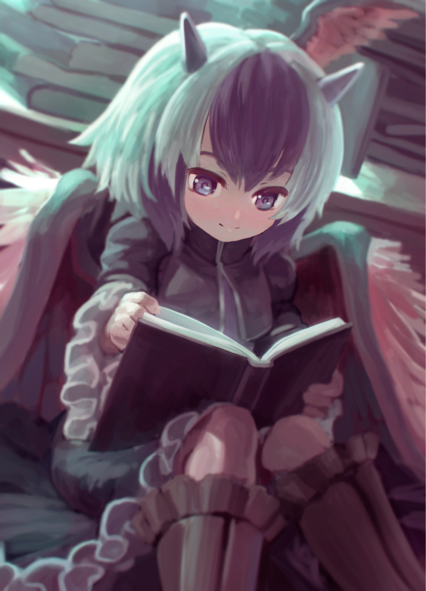 1girl absurdres black_dress blue_hair blurry blurry_background blush book boots closed_mouth curiosities_of_lotus_asia depth_of_field dress frilled_skirt frills grey_eyes highres holding holding_book horns looking_down multicolored_hair open_book reiesu_(reis) short_hair sitting skirt smile solo tokiko_(touhou) touhou two-tone_hair white_hair wings