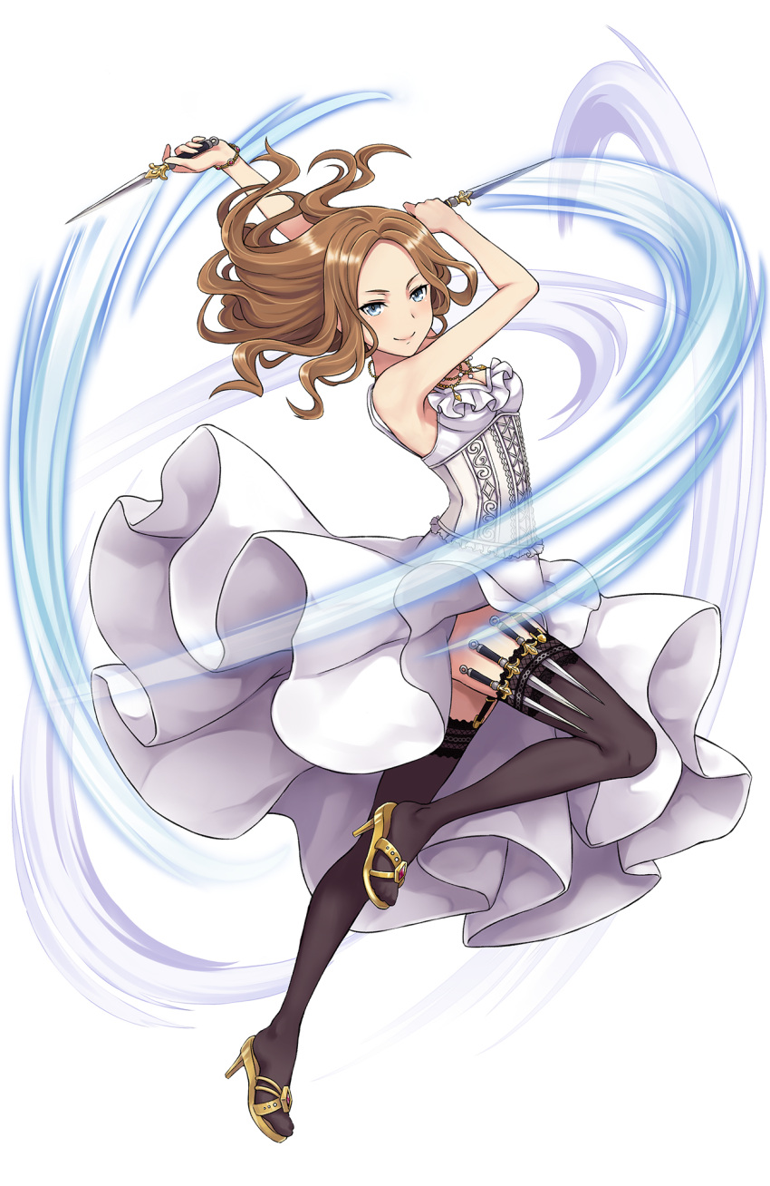 1girl annette_grace black_legwear blue_eyes bracelet breasts brown_hair dress dual_wielding full_body garter_straps highres jewelry knife long_hair looking_at_viewer medium_breasts motion_blur necklace official_art princess_principal princess_principal_game_of_mission slashing smile standing standing_on_one_leg thigh-highs throwing_knife white_dress