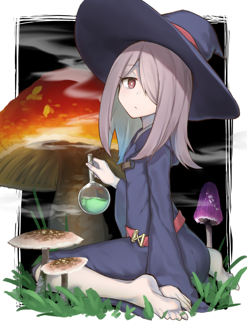1girl absurdres bangs barefoot blue_dress brown_eyes closed_mouth dress eyebrows_visible_through_hair flask grass grey_hair hair_over_one_eye hat highres holding little_witch_academia looking_at_viewer looking_back mushroom sidelocks smoke soles solo sucy_manbavaran tadaomi_(amomom) wide_sleeves witch_hat