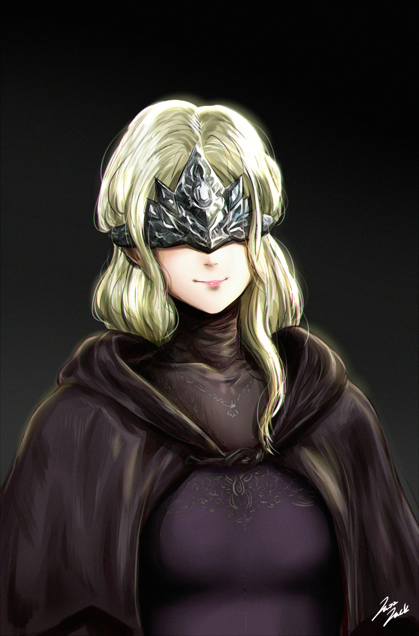 1girl absurdres blindfold blonde_hair capelet cloak covered_eyes dark_souls dark_souls_iii facing_viewer fire_keeper highres jazzjack jewelry long_hair mask necklace pink_lips smile solo souls_(from_software) turtleneck upper_body