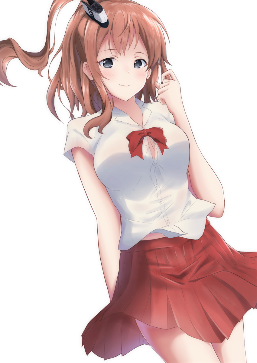 10s 1girl absurdres alternate_costume black_eyes blouse brown_hair casual cowboy_shot highres kantai_collection long_hair looking_at_viewer pleated_skirt ponytail red_skirt saratoga_(kantai_collection) side_ponytail simple_background skirt smile solo standing taka-chan white_background white_blouse