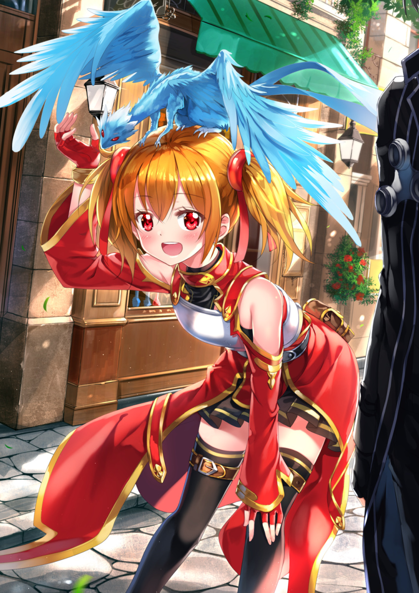 1boy 1girl :d bangs black_legwear black_skirt blonde_hair breastplate brown_hair creature day dress eyebrows_visible_through_hair hair_between_eyes highres kirito leaning_forward looking_at_viewer open_mouth out_of_frame outdoors pina_(sao) pleated_skirt red_dress red_eyes shop sidelocks silica skirt smile solo_focus sword_art_online swordsouls teeth thigh-highs twintails