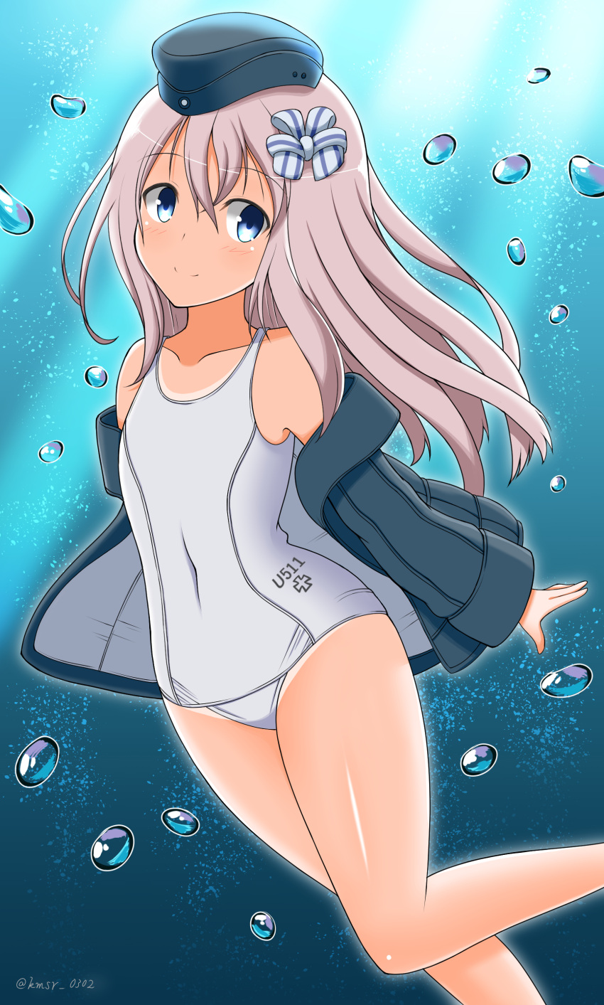 10s absurdres black_hat black_jacket blonde_hair blue_eyes flat_chest freediving garrison_cap hat highres jacket kamishiro_(rsg10679) kantai_collection long_hair one-piece_tan school_swimsuit smile swimsuit tan tanline u-511_(kantai_collection) underwater white_school_swimsuit white_swimsuit