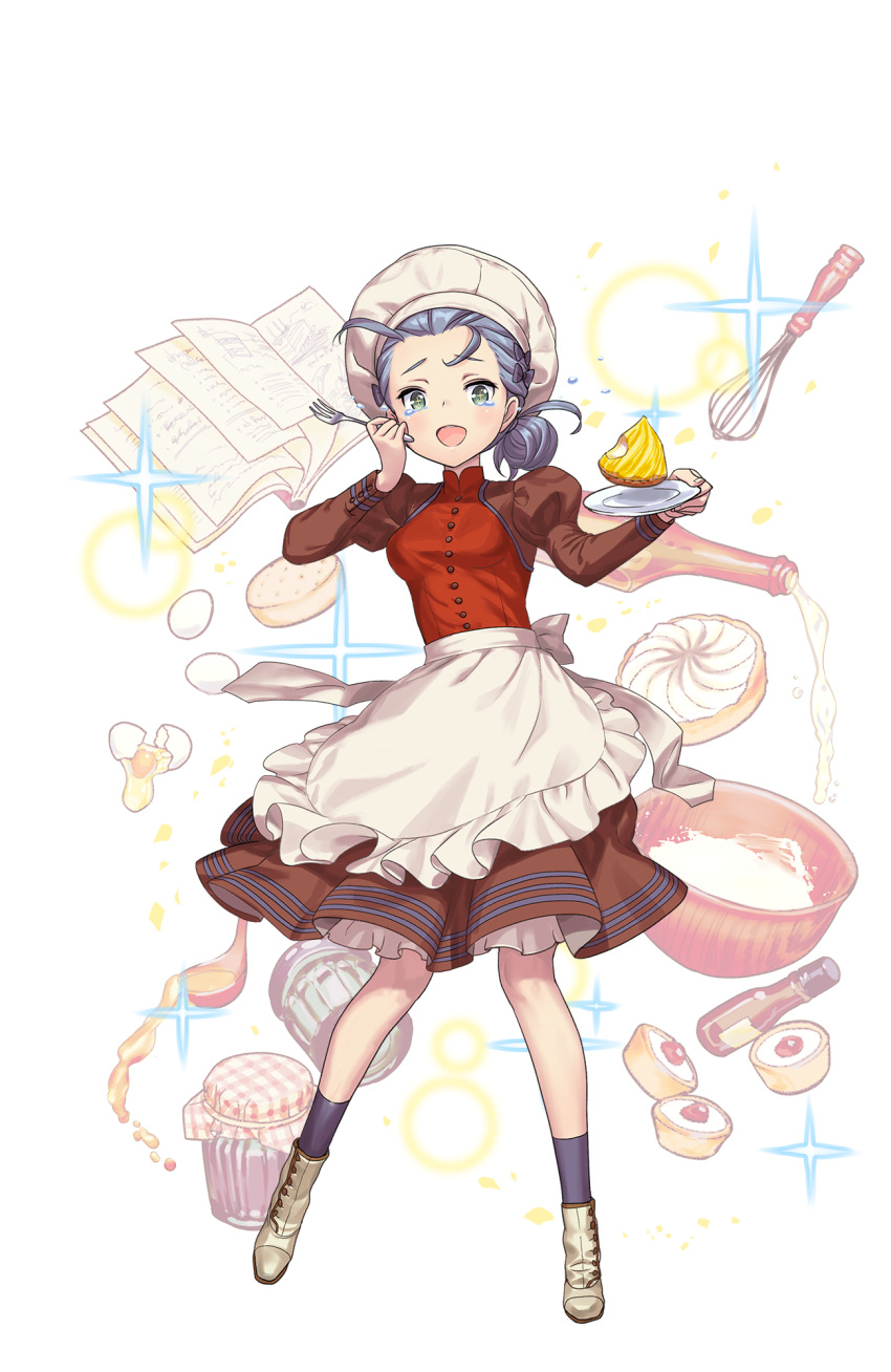 1girl :o apron blue_legwear book bottle bowl chef_hat cracked_egg dessert food fork full_body green_eyes hand_up hat highres jar ladle looking_at_viewer maid_apron mixing_bowl nikki_quinnell official_art open_book plate pouring princess_principal princess_principal_game_of_mission puffy_sleeves purple_hair red_skirt shoes skirt socks sparkle standing tears whisk white_shoes