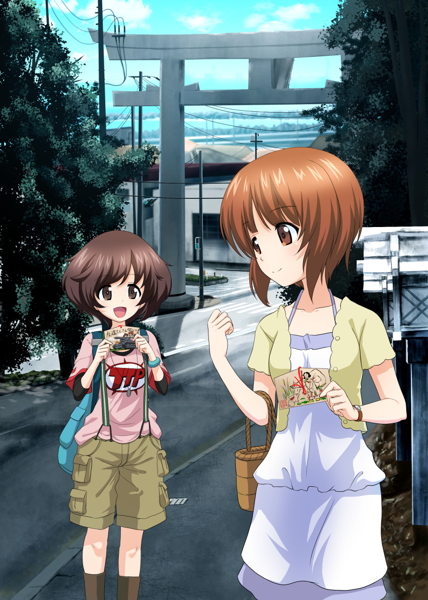 2girls :d absurdres akiyama_yukari bag bangs basket black_legwear blouse blue_blouse blue_skirt blurry blurry_background bookbag bracelet brown_eyes brown_hair brown_shorts cargo_shorts carrying casual city closed_mouth clouds cloudy_sky commentary_request day dog_tags excel_(shena) eyebrows_visible_through_hair girls_und_panzer ground_vehicle highres holding jewelry light_smile looking_at_another looking_back medium_dress messy_hair military military_vehicle motor_vehicle multiple_girls nishizumi_miho open_mouth panzerkampfwagen_iv pink_shirt postcard power_lines print_shirt shirt short_hair short_over_long_sleeves shorts skirt sky smile socks standing suspender_shorts suspenders t-shirt tank torii traffic_light translated tree utility_pole watch watch yellow_blouse