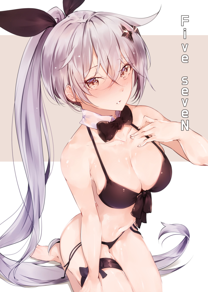 1girl bare_shoulders bikini black_bikini black_bow black_neckwear blush bow bowtie breasts brown_eyes character_name cleavage collarbone commentary detached_collar eyebrows_visible_through_hair eyes_visible_through_hair five-seven_(girls_frontline) from_above front-tie_top girls_frontline hair_ornament hair_ribbon hand_on_own_chest highres hplay leaning_forward long_hair looking_at_viewer medium_breasts navel parted_lips ponytail ribbon seiza silver_hair simple_background sitting solo star swimsuit thigh_strap very_long_hair