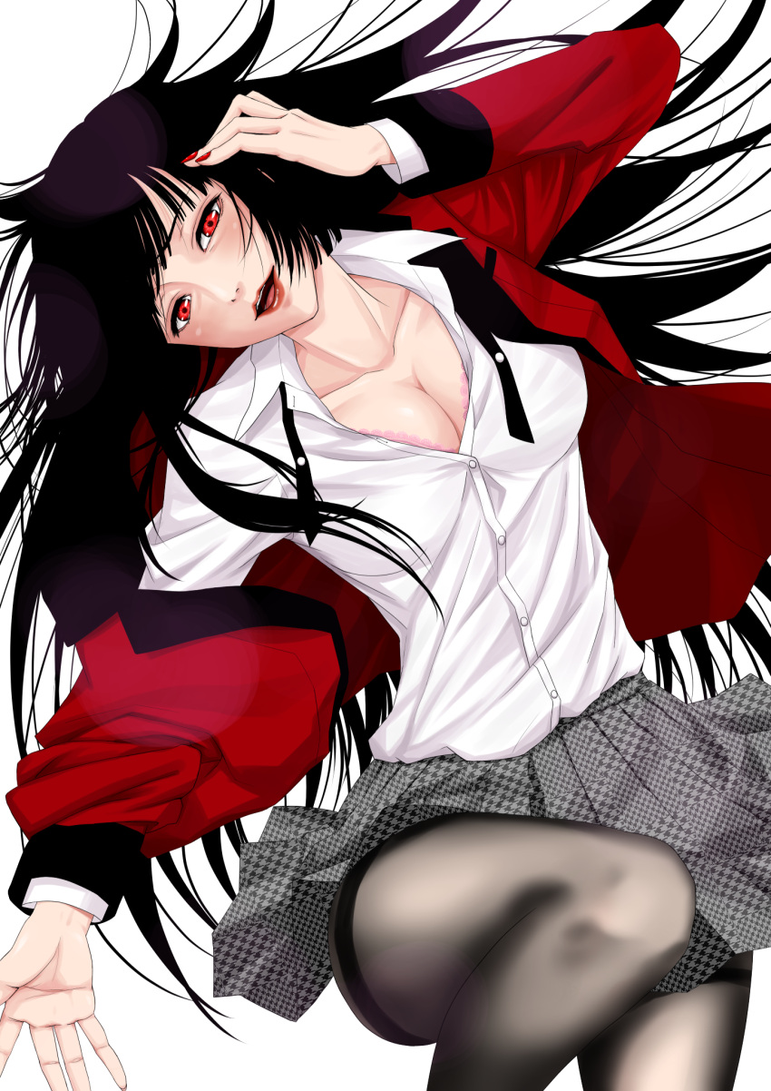 1girl bangs black_hair black_legwear blazer bra breasts cleavage collarbone dress_shirt hand_on_own_chest highres houndstooth jabami_yumeko jacket kakegurui lace lace-trimmed_bra large_breasts lips lipstick long_hair looking_at_viewer lying makeup nail_polish on_back open_mouth pantyhose pink_bra red_eyes red_lips red_nails school_uniform shelty shirt skirt solo thighband_pantyhose underwear very_long_hair white_shirt