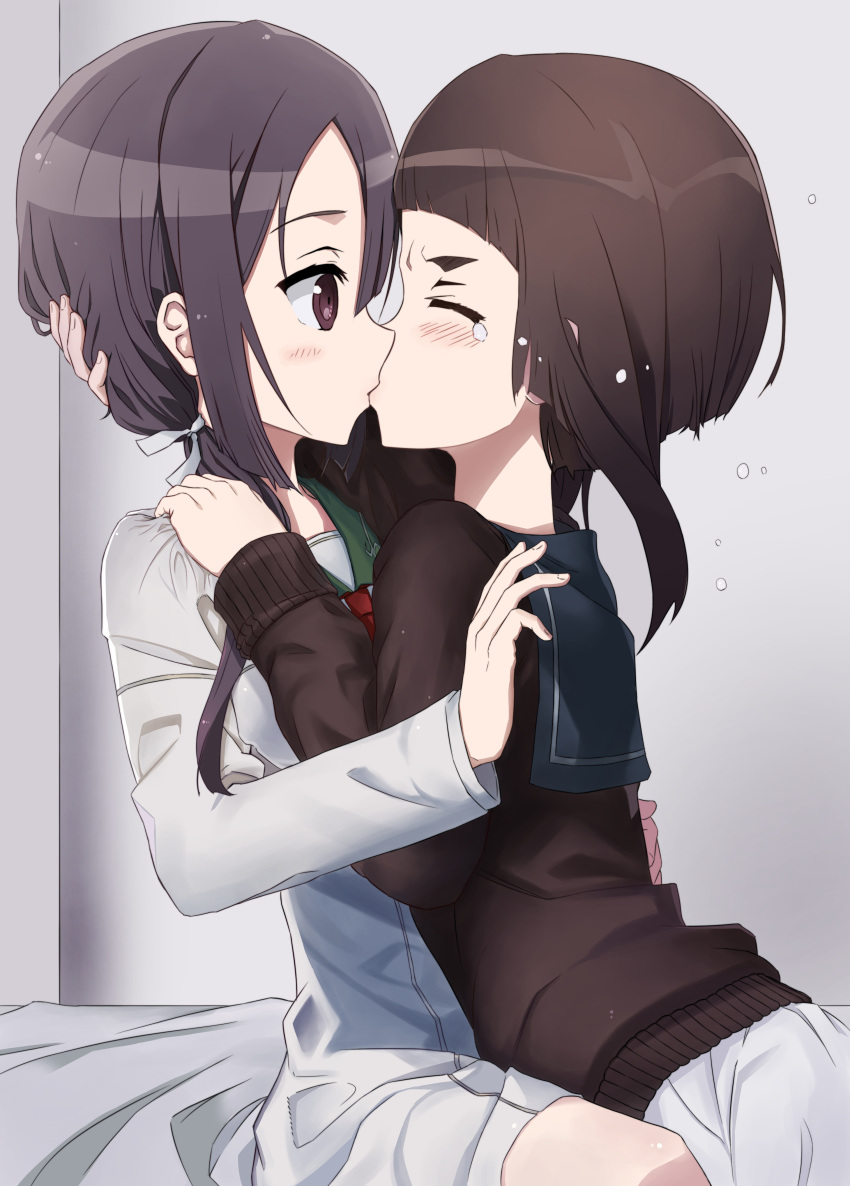 2girls absurdres black_hair blush brown_cardigan brown_eyes brown_hair cardigan closed_eyes commentary dress dress_grab from_side hair_between_eyes hair_ribbon hand_on_another's_head hand_on_another's_shoulder highres itaro kagajou_suzume kiss kusunoki_mebuki kusunoki_mebuki_wa_yuusha_de_aru long_hair long_sleeves looking_at_another low_twintails multiple_girls profile ribbon school_uniform serafuku short_hair_with_long_locks sitting tears thick_eyebrows twintails white_dress white_ribbon yuri yuusha_de_aru