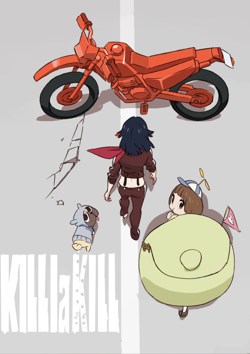 2girls absurdres akira bag bob_cut dog from_above from_behind ground_vehicle guts_(kill_la_kill) hat highres kill_la_kill looking_at_viewer looking_back mankanshoku_mako matoi_ryuuko motor_vehicle motorcycle multiple_girls official_art ootomo_katsuhiro_(style) parody pet road street sushio vehicle