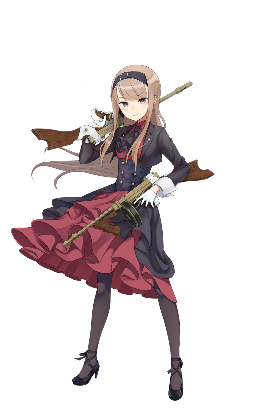 1girl black_ascot black_footwear black_legwear brown_hair dress dual_wielding elena_clay full_body gloves gun hairband high_heels highres holding holding_gun holding_weapon long_hair looking_at_viewer official_art over_shoulder pantyhose princess_principal princess_principal_game_of_mission red_dress shoes solo standing violet_eyes weapon weapon_request white_gloves