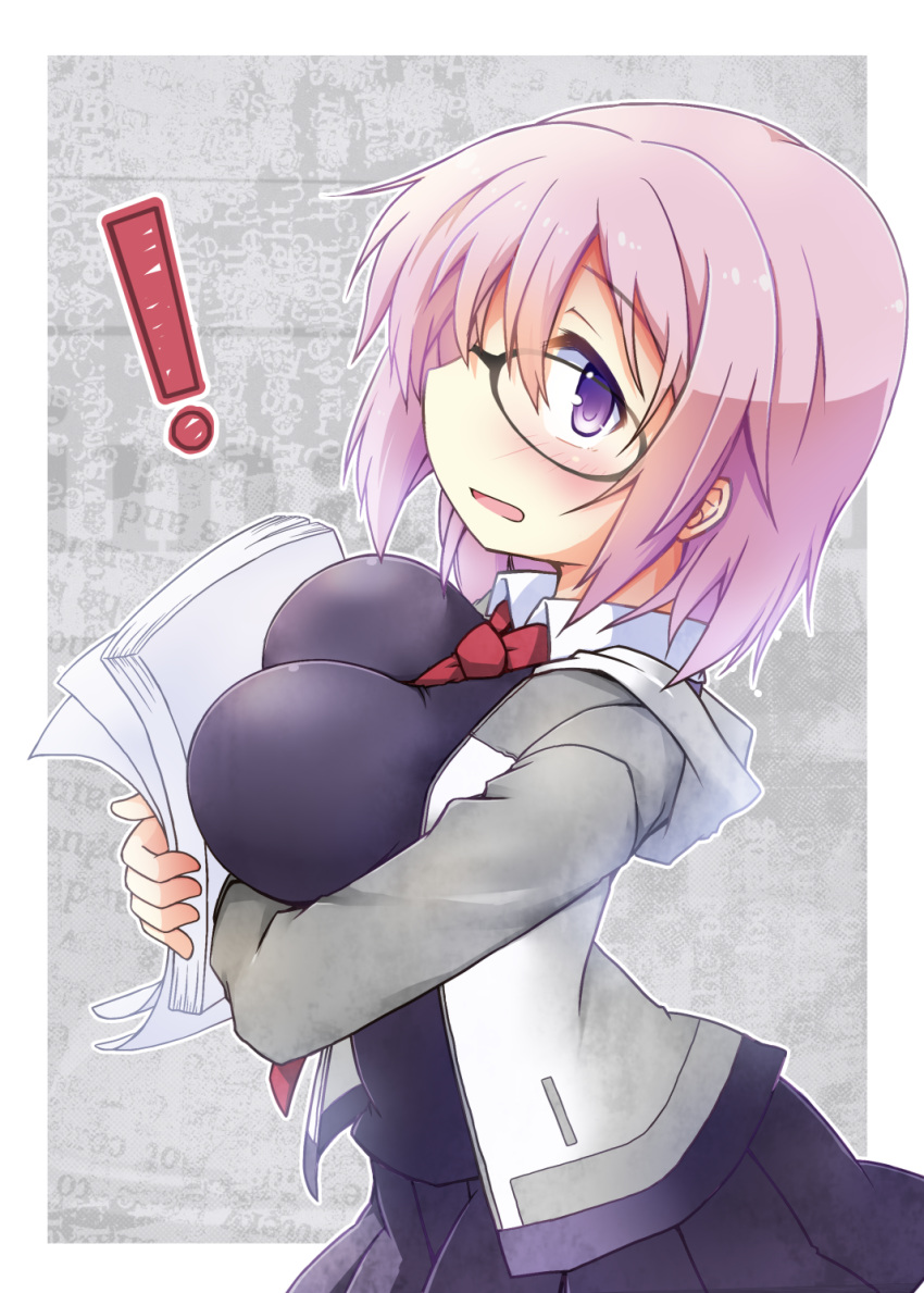 1girl black_dress blush breasts dress fate/grand_order fate_(series) glasses hair_over_one_eye highres jacket large_breasts looking_at_viewer necktie purple_hair shielder_(fate/grand_order) short_hair solo violet_eyes yuuhi_alpha