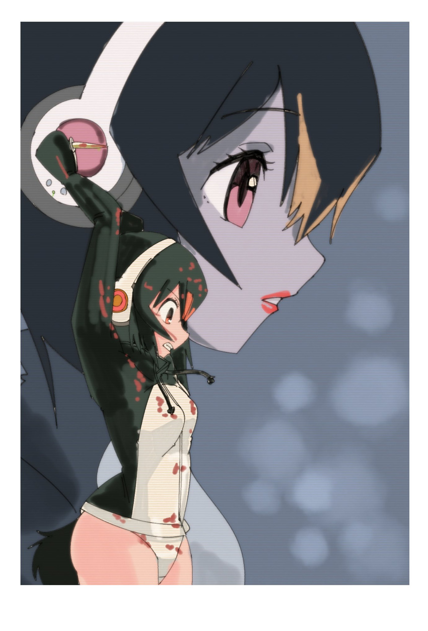 1girl arms_up black_hair black_jacket blood bloody_clothes bloody_hair clenched_teeth cowboy_shot from_side gentoo_penguin_(kemono_friends) grey_background hair_between_eyes headphones highres holding holding_knife jacket kemono_friends knife long_sleeves multicolored multicolored_clothes multicolored_hair multicolored_jacket multiple_views omnisucker orange_hair parody penguin_tail perfect_blue red_eyes red_lips teeth violence white_jacket