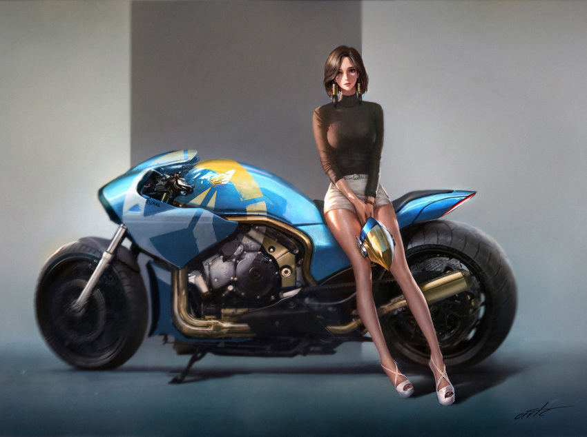 1girl breasts brown_eyes brown_hair commentary_request contemporary eye_of_horus facial_tattoo full_body ground_vehicle hair_tubes headwear_removed helmet helmet_removed high_heels highres leaning_against_motorcycle legs long_sleeves looking_at_viewer motor_vehicle motorcycle open_toe_shoes overwatch pharah_(overwatch) shorts side_braids sidelighting signature solo tattoo turtleneck wang_chen