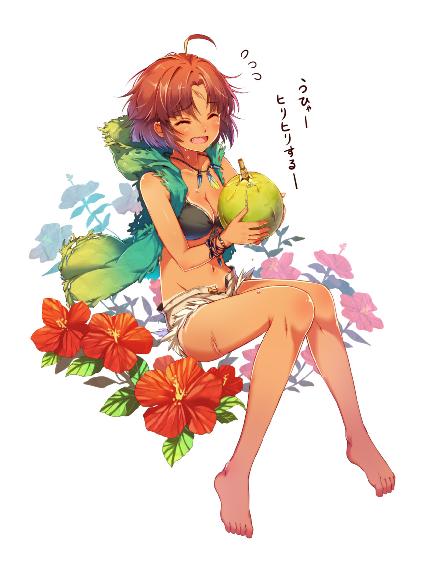 1girl ahoge barefoot bikini black_bikini blue_eyes bracelet breasts claws cleavage closed_eyes fang feathers flower flying_sweatdrops food front-tie_top fruit full_body hibiscus highres hood hoodie jewelry mataichi_matarou medium_breasts navel necklace open_clothes open_mouth open_shorts redhead scar short_hair short_shorts shorts sitting smile sweat swimsuit tan tanline yuba_no_shirushi