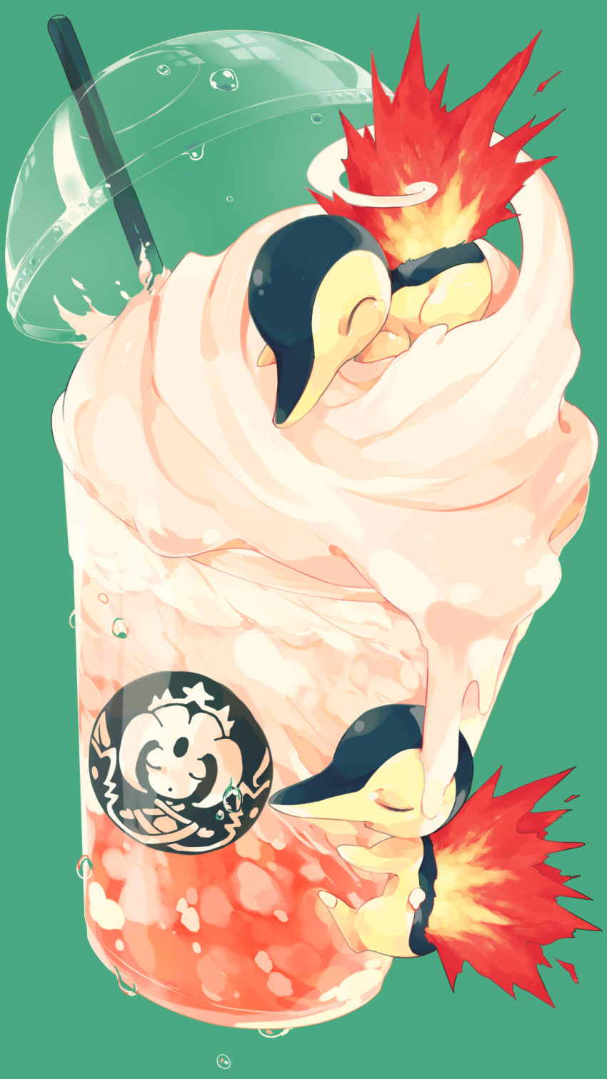 brand_name_imitation closed_eyes cyndaquil drinking_cup drinking_straw fire flame food green_background hideko_(l33l3b) highres ice_cream lying melting no_humans on_stomach pokemon pokemon_(creature) simple_background sleeping