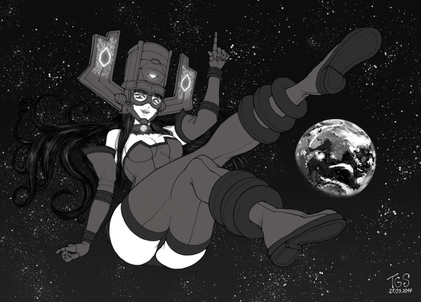 1girl ass bangs bare_shoulders boots breasts choker commentary dated earth elbow_gloves floating floating_hair galacta giantess gloves glowing greyscale headgear helmet highres index_finger_raised large_breasts leotard long_hair looking_at_viewer marvel monochrome parted_lips pointing pointing_up signature smile solo space star_(sky) the_golden_smurf thigh-highs thigh_boots