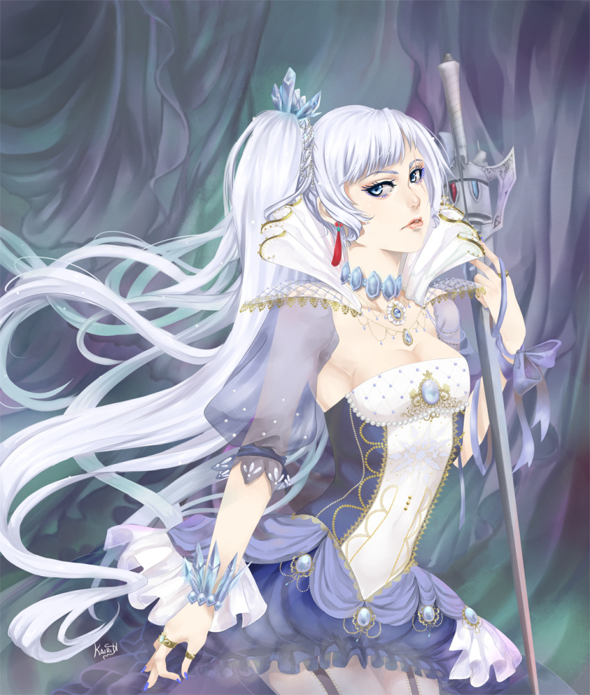 1girl blue_eyes bracelet breasts cleavage dress earrings highres holding holding_sword holding_weapon jewelry kairiwhisper long_hair looking_at_viewer medium_breasts necklace ponytail rapier ring rwby solo sword very_long_hair weapon weiss_schnee white_hair