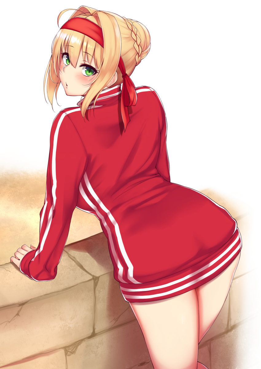 1girl absurdres ahoge arched_back ass bangs blonde_hair blush braid eyebrows_visible_through_hair fate/grand_order fate_(series) french_braid from_behind green_eyes hair_between_eyes hair_bun hair_intakes headband highres jacket looking_at_viewer looking_back oogatazin pursed_lips saber_extra sidelocks sleeves_past_wrists solo thighs track_jacket