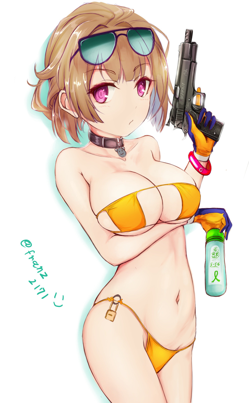 1girl absurdres bikini bottle bracelet breast_lift breasts closed_mouth collar collarbone eyebrows_visible_through_hair franz_(217franz) girls_frontline gloves grizzly_mkv grizzly_mkv_(girls_frontline) gun handgun highres holding holding_gun holding_weapon jewelry large_breasts light_brown_hair messy_hair navel pistol short_hair simple_background skindentation solo strapless strapless_bikini sunglasses sunglasses_on_head swimsuit trigger_discipline twitter_username upper_body violet_eyes water_bottle weapon white_background yellow_bikini yellow_gloves