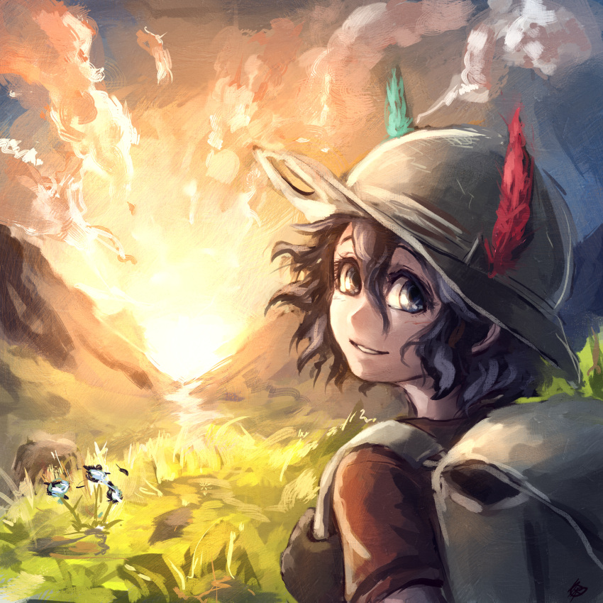 1girl backpack bag black_eyes black_hair bucket_hat ceramic_man clouds faux_traditional_media gloves grass hat hat_feather highres hill kaban_(kemono_friends) kemono_friends looking_at_viewer looking_back signature smile solo sunlight sunrise texture upper_body valley
