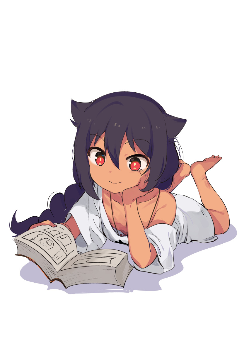 1girl absurdres ass barefoot black_hair book chin_rest closed_mouth collarbone dark_skin downblouse feet flat_chest hair_between_eyes highres holding holding_book konbu_wakame legs_up long_hair lying no_bra on_stomach open_book oversized_clothes reading red_eyes shadow simple_background soles solo the_pose toes white_background yumemiru_prima_girl