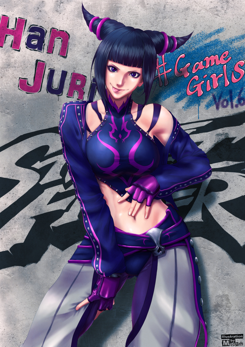 1girl absurdres alternate_costume black_hair character_name drill_hair graffiti han_juri highres jacket jacket_on_shoulders looking_at_viewer midriff mugetsu2501 navel smile solo stomach street_fighter street_fighter_v tongue tongue_out twin_drills violet_eyes wall