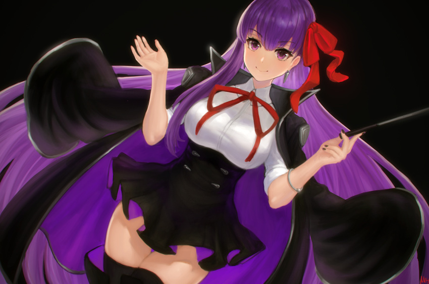 1girl bb_(fate/extra_ccc) black_legwear black_nails breasts earrings edward_montenegro fate/extra fate/extra_ccc fate/grand_order fate_(series) hair_ornament hair_ribbon jacket_on_shoulders jewelry long_hair nail_polish purple_hair red_ribbon ribbon simple_background smile thighs violet_eyes
