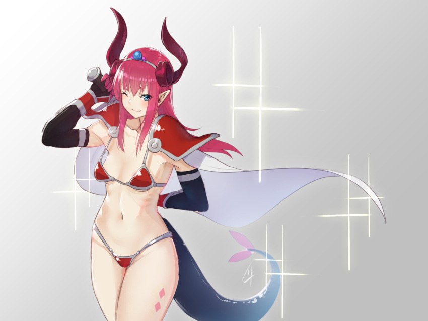 1girl armor bikini bikini_armor blue_eyes blue_ribbon blush breasts cape collarbone cowboy_shot curled_horns elbow_gloves elizabeth_bathory_(brave)_(fate) eyes_visible_through_hair fang fate/grand_order fate_(series) gloves hayabusa horns lancer_(fate/extra_ccc) legs_together long_hair looking_at_viewer navel one_eye_closed over_shoulder oversized_clothes pauldrons pink_hair pointy_ears red_bikini ribbon small_breasts smile solo sparkle standing string_bikini swimsuit sword sword_over_shoulder tail tiara vambraces weapon weapon_over_shoulder white_cape