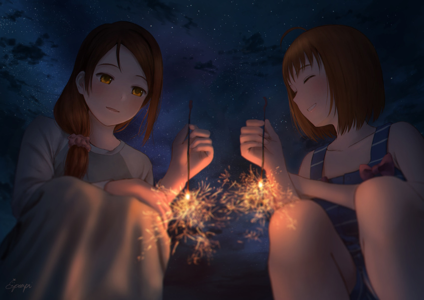 2girls :d ^_^ ^o^ ahoge bangs bare_shoulders blurry blush bow brown_eyes brown_hair closed_eyes collarbone commentary_request depth_of_field fireworks from_below grin hair_ornament hair_over_shoulder hair_scrunchie hand_on_own_knee holding long_hair long_sleeves looking_down love_live! love_live!_sunshine!! multiple_girls night night_sky open_mouth outdoors overalls papi_(papiron100) parted_lips raglan_sleeves sakurauchi_riko scrunchie senkou_hanabi short_hair signature sky smile sparkler squatting star_(sky) starry_sky striped takami_chika teeth
