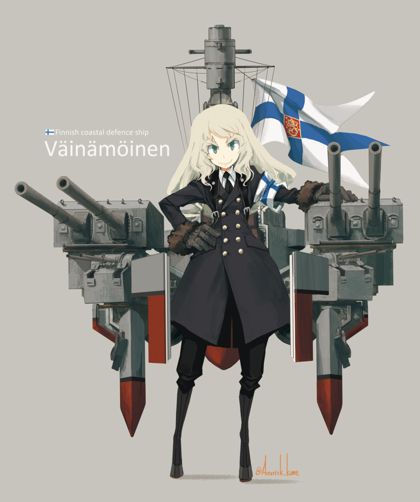 1girl armband asterisk_kome black_coat black_gloves black_neckwear buttons cannon finnish_flag flag fur-trimmed_sleeves fur_trim gloves green_eyes grey_hair highres long_hair long_sleeves looking_at_viewer machinery mecha_musume military military_uniform military_vehicle necktie original personification ship simple_background solo standing turret uniform vainamoinen_(ship) warship watercraft