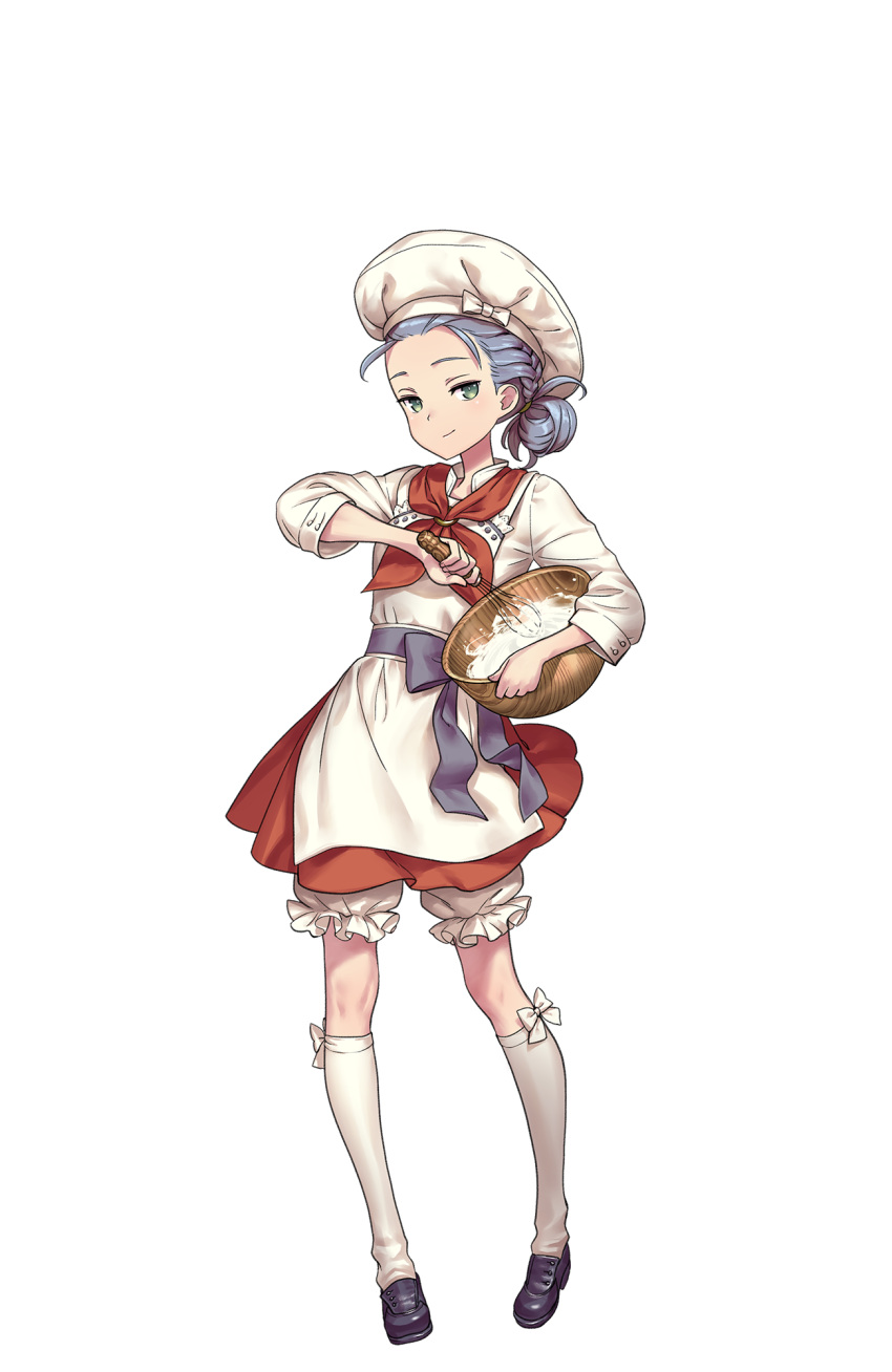 1girl apron black_footwear bowl braid chef_hat full_body green_eyes hand_up hat highres looking_at_viewer nikki_quinnell official_art princess_principal princess_principal_game_of_mission purple_hair red_skirt shoes skirt standing whisk white_legwear