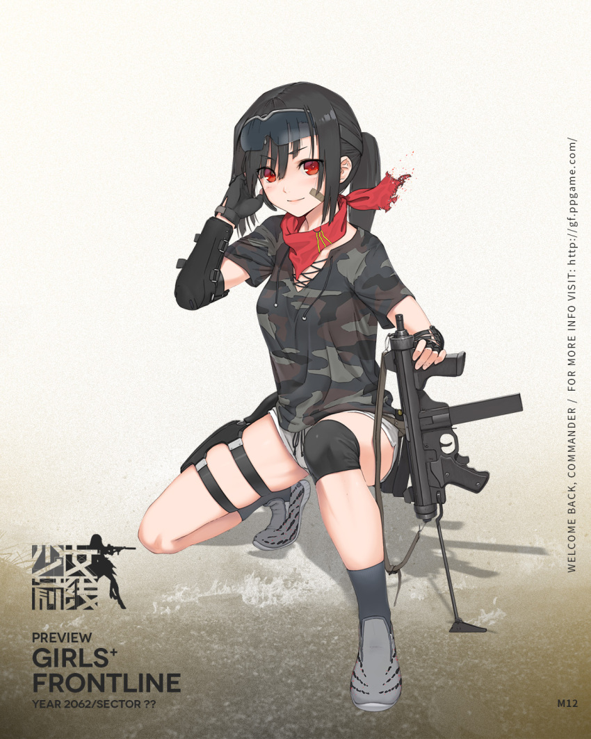 1girl bandaid bandaid_on_cheek bandaid_on_face bandanna bangs black_gloves black_legwear camouflage camouflage_shirt character_name closed_mouth copyright_name elbow_pads eyebrows_visible_through_hair full_body girls_frontline gloves goggles goggles_on_head grey_shoes gun gym_shorts highres holster knee_pads long_hair looking_at_viewer m12_(girls_frontline) one_knee ponytail shadow shoes short_sleeves shorts sidelocks smile sneakers socks solo squatting submachine_gun thigh_holster thighs watermark weapon web_address