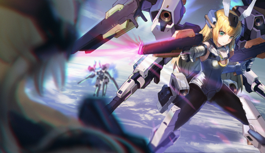 1girl 3girls absurdres aiming bangs baselard black_legwear blonde_hair blue_sky blurry blush breasts clouds day depth_of_field dual_wielding elbow_gloves energy_gun frame_arms_girl gloves glowing green_eyes gun headgear highres hresvelgr legs_apart leotard long_hair luobo_carrot mecha_musume midair multiple_girls outdoors pantyhose sky small_breasts smile solo_focus stylet thrusters twintails weapon white_gloves white_leotard