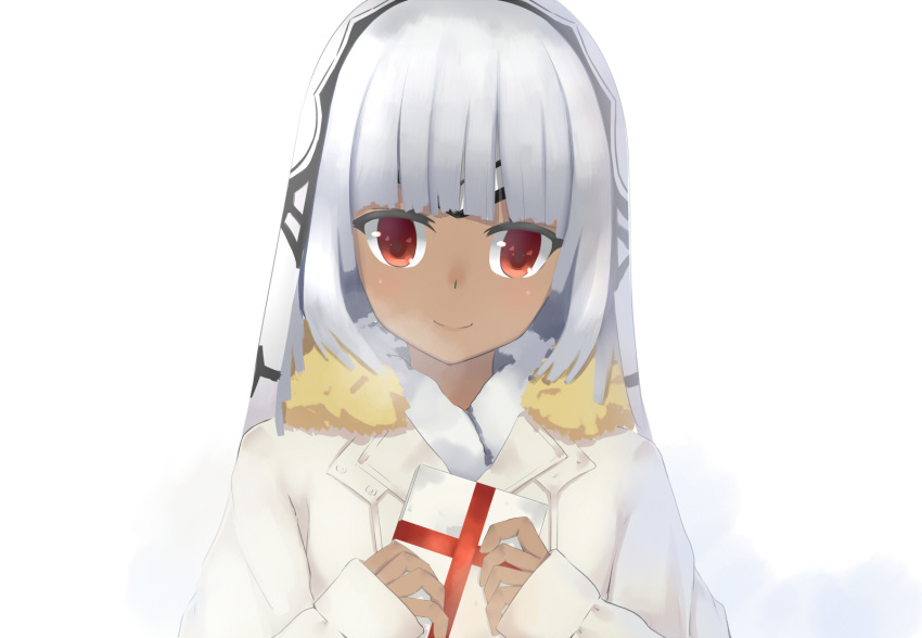 1girl altera_(fate) bangs dark_skin fate/grand_order fate_(series) forehead_protector gift highres holding holding_gift looking_at_viewer nestea red_eyes silver_hair smile solo upper_body veil white_coat