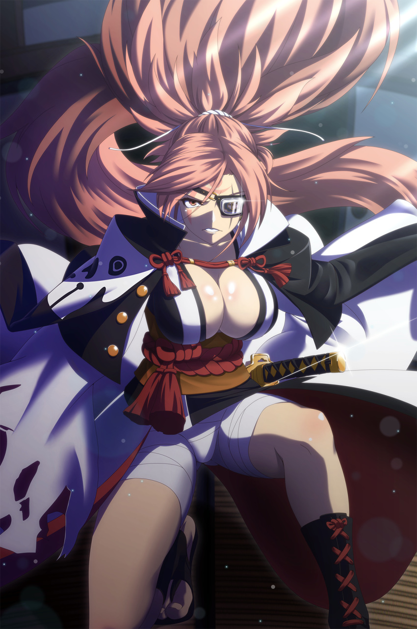 &gt;:( 1girl amputee armor baiken bandage black_kimono breasts buttons cape cleavage eyebrows_visible_through_hair eyelashes eyepatch eyes_visible_through_hair facial_mark facial_scar facing_viewer forehead_mark gluteal_fold guilty_gear guilty_gear_xrd hair_between_eyes high_ponytail highres japanese_armor japanese_clothes kagiyama_(gen'ei_no_hasha) katana kimono kneeling large_breasts light_particles lips long_hair multicolored multicolored_clothes multicolored_kimono no_bra obi one-eyed open_clothes open_kimono parted_lips pink_hair popped_collar pose rope sandals sash scar scar_across_eye sheath sheathed shimenawa shiny shiny_skin skull solo sparkle spiky_hair suneate sword tassel teeth toenails torn_cape torn_clothes very_long_hair weapon white_kimono