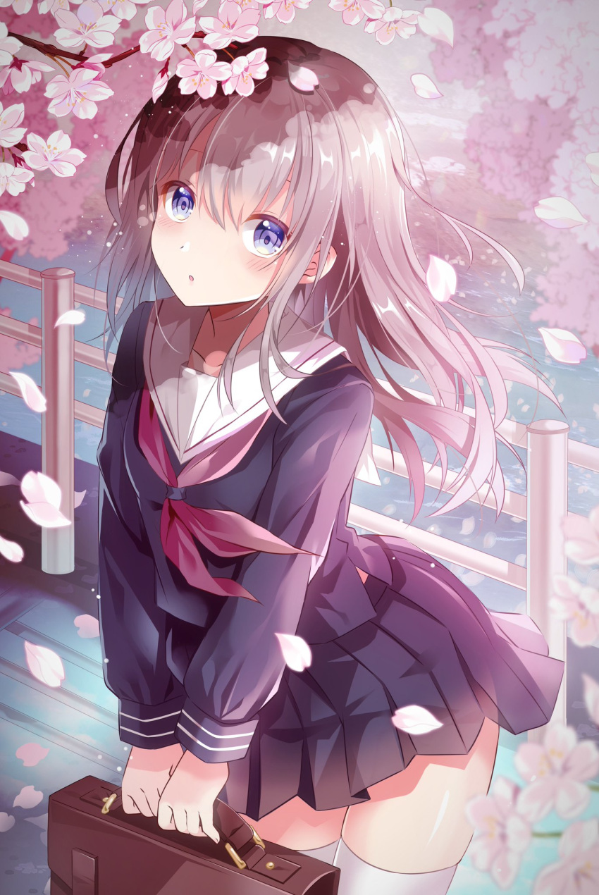 1girl :o bangs black_serafuku black_shirt black_skirt blurry blurry_background blurry_foreground blush brown_hair cherry_blossoms commentary_request depth_of_field eyebrows_behind_hair flower hair_between_eyes highres holding leaning_forward long_hair long_sleeves looking_at_viewer neckerchief original parted_lips petals pink_flower railing red_neckwear sailor_collar school_briefcase school_uniform serafuku shiro_kuma_shake shirt skirt solo spring_(season) very_long_hair violet_eyes white_sailor_collar