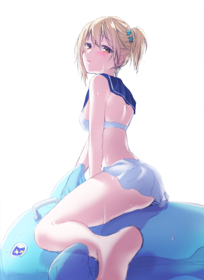1girl bangs bare_legs between_legs bikini bikini_skirt blonde_hair blush brown_eyes eyebrows_visible_through_hair from_side haikyuu!! hair_between_eyes hand_between_legs highres inflatable_dolphin inflatable_toy looking_at_viewer looking_back namo parted_lips sailor_bikini sailor_collar side_ponytail sidelocks simple_background sitting skirt soles solo swimsuit thighs white_background white_bikini white_skirt yachi_hitoka