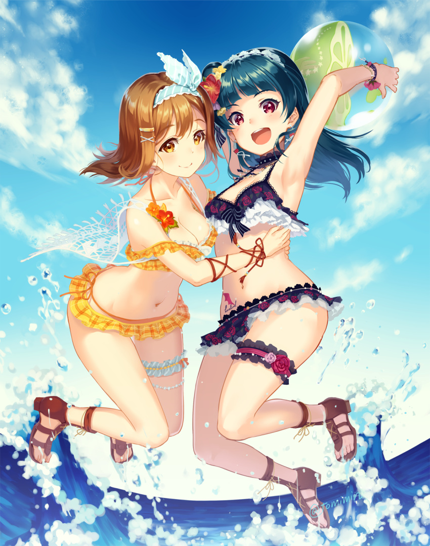 2girls armpits arms_up ball bangs beachball bikini blue_hair blue_sky blush bracelet breasts brown_eyes brown_hair closed_mouth clouds commentary_request day earrings flower frilled_bikini frills hair_flower hair_ornament hairclip headband highres jewelry jumping kunikida_hanamaru long_hair looking_at_viewer love_live! love_live!_school_idol_project love_live!_sunshine!! medium_breasts multiple_girls navel ocean open_mouth outdoors sandals shiny shiny_hair side_bun sky smile swimsuit tattoo teeth tomiwo tsushima_yoshiko twitter_username violet_eyes water waves
