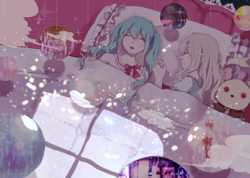 2girls :o bangs bed blanket blue_hair blush bow button_eyes closed_eyes closed_mouth couple danjou_sora day eyebrows_visible_through_hair frilled_pillow frills from_above hand_holding hatsune_miku indoors long_hair megurine_luka multiple_girls on_bed open_mouth pillow pink_bow pink_hair profile red_bow sleeping sparkle sphere stuffed_animal stuffed_bunny stuffed_toy sunlight twintails under_covers vocaloid yuri