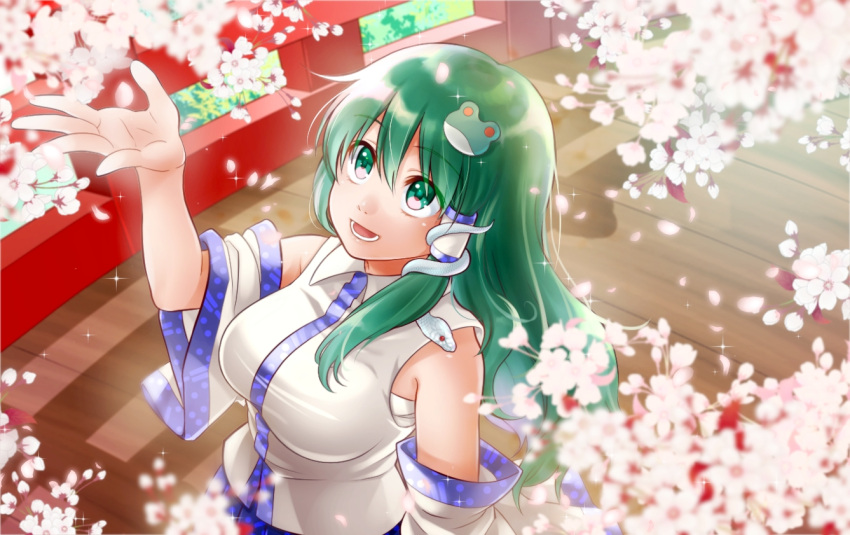 1girl :d arm_up bare_shoulders breasts bridge cherry_blossoms collared_vest day detached_sleeves eyebrows_visible_through_hair frog_hair_ornament green_eyes green_hair hair_between_eyes hair_ornament hair_tubes kochiya_sanae long_hair medium_breasts nora_wanko open_mouth outdoors short_sleeves single_sidelock smile snake_hair_ornament solo sparkle spring_(season) tareme touhou tree upper_body vest white_vest