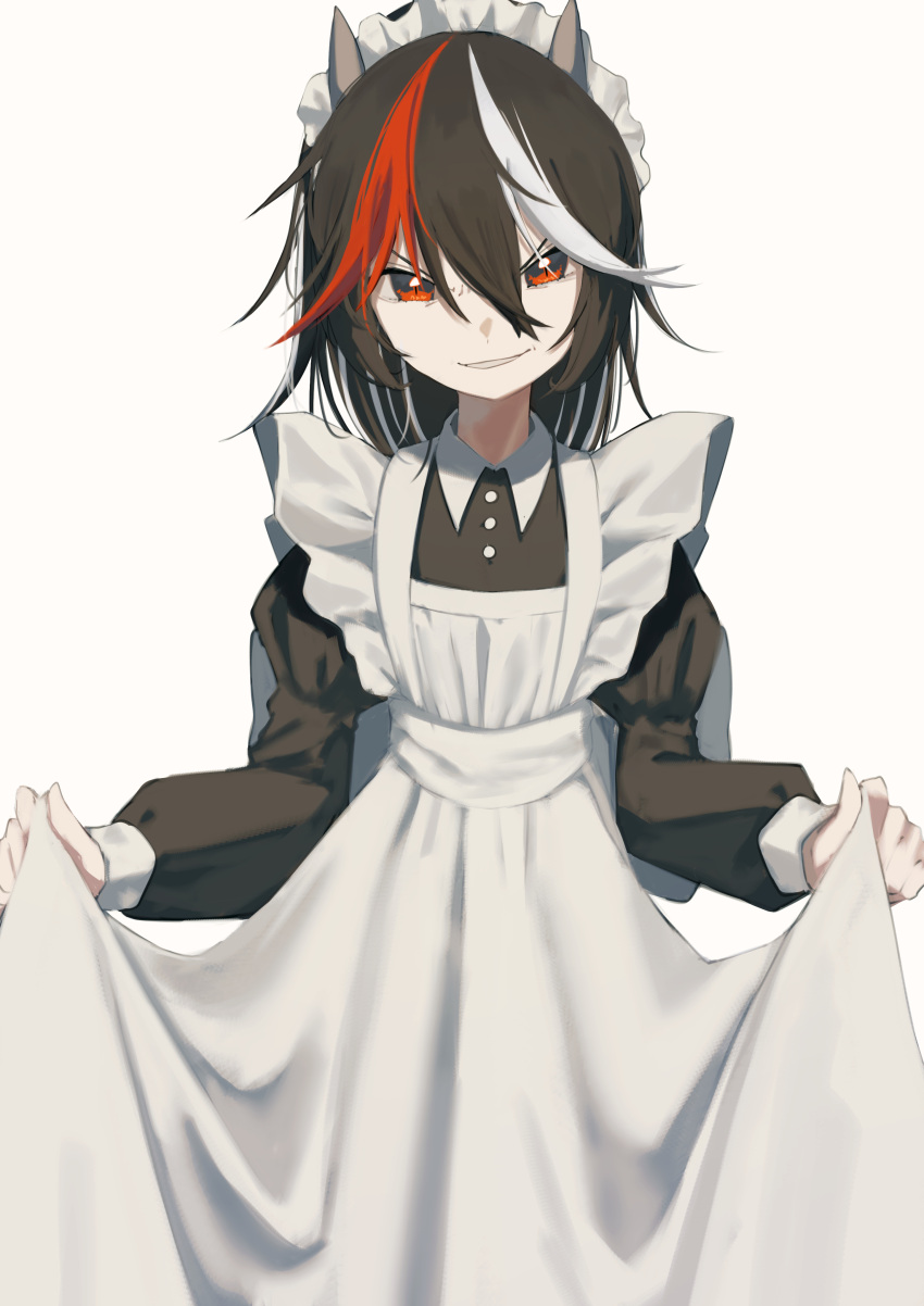 1girl absurdres alternate_costume apron black_sleeves clothes_lift cone_horns dress dress_lift enmaided facing_viewer grey_horns highres horns kijin_seija long_sleeves looking_at_viewer maid maid_apron maid_headdress multicolored_hair nanashi_nasi red_eyes redhead simple_background small_horns solo streaked_hair touhou white_background white_hair