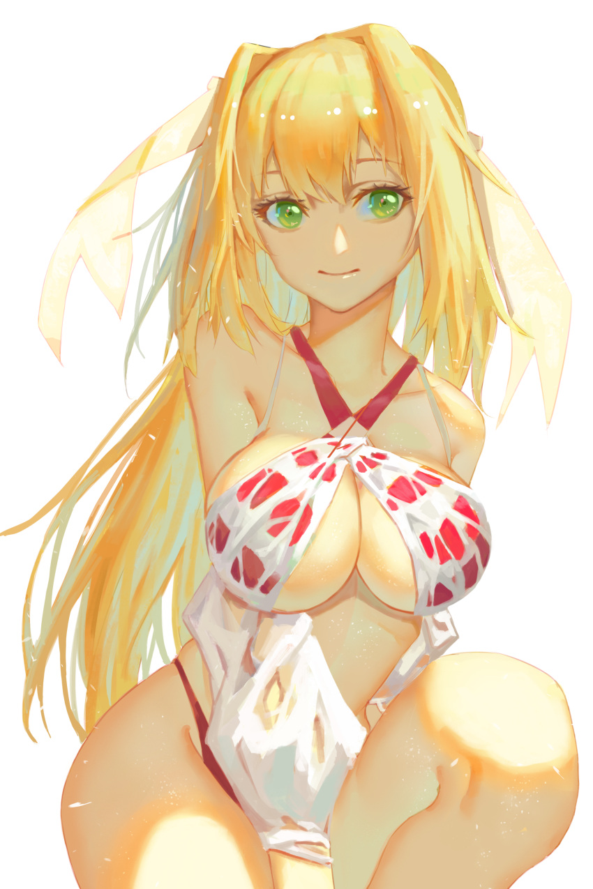 1girl absurdres ahoge bare_shoulders between_legs bikini blonde_hair breasts closed_mouth criss-cross_halter dress eyelashes fate/grand_order fate_(series) gown green_eyes hair_between_eyes hair_intakes hair_ribbon halterneck hand_between_legs highres knee_up kyunotobi large_breasts long_hair looking_at_viewer nero_claudius_(swimsuit_caster)_(fate) ribbon saber_extra see-through shoulder_cutout simple_background smile solo striped striped_bikini swimsuit twintails white_background