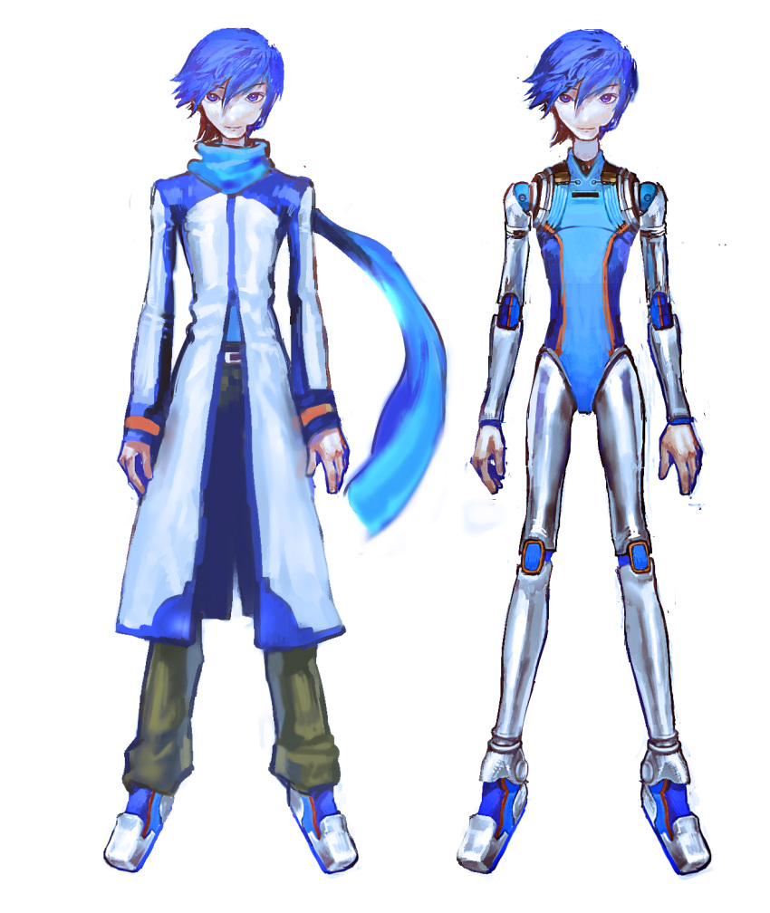 1boy android arms_at_sides bangs blue_eyes blue_hair blue_scarf bright_pupils brown_pants clothes_removed coat full_body highres kaito long_coat looking_at_viewer male_focus no_penis pants robot_joints scarf shikuchouson short_hair simple_background smile solo swept_bangs vocaloid white_background