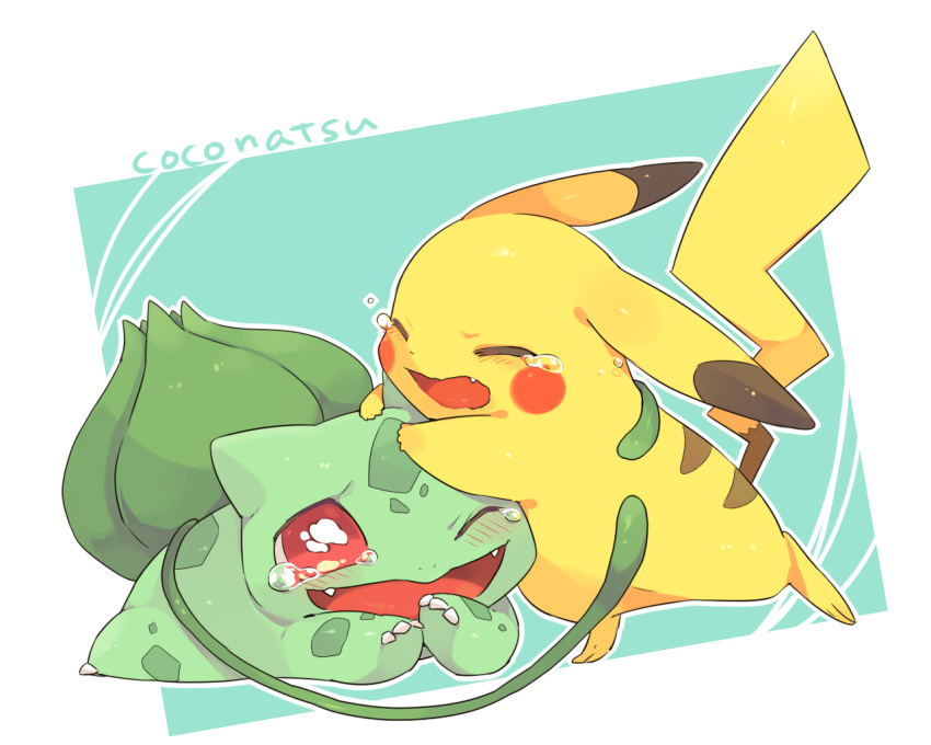 :d blue_background blush bulbasaur closed_eyes hideko_(l33l3b) laughing looking_at_another lying no_humans on_stomach one_eye_closed open_mouth pikachu plant pokemon pokemon_(creature) red_eyes signature simple_background smile standing tears tickling vines