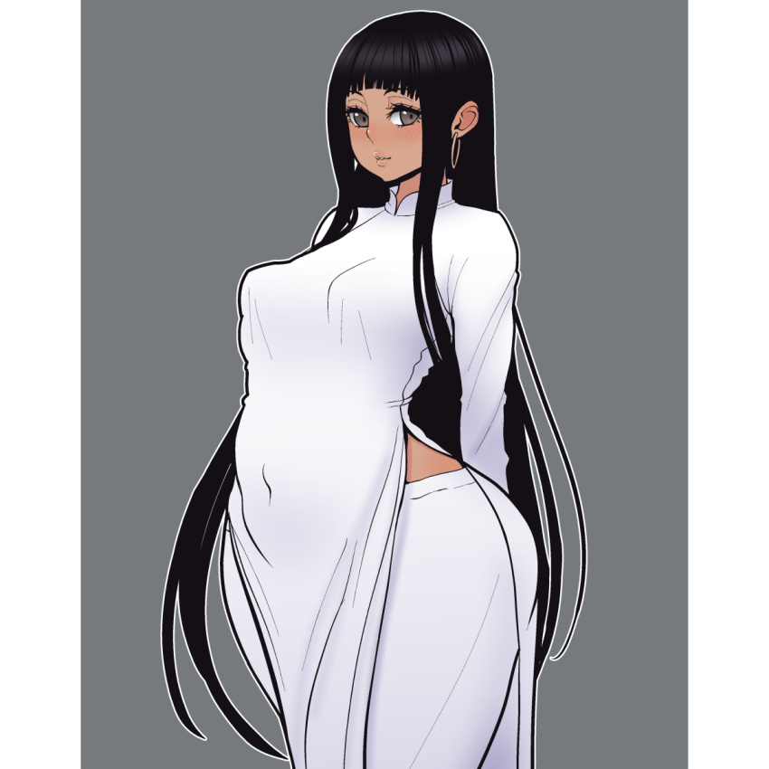 1girl arms_behind_back bangs belly black_hair blush breasts brown_eyes curvy earrings highres jewelry long_hair long_sleeves looking_at_viewer navel open_mouth perky_breasts plump side_slit small_breasts solo sueyuu very_long_hair vietnamese_dress wide_hips