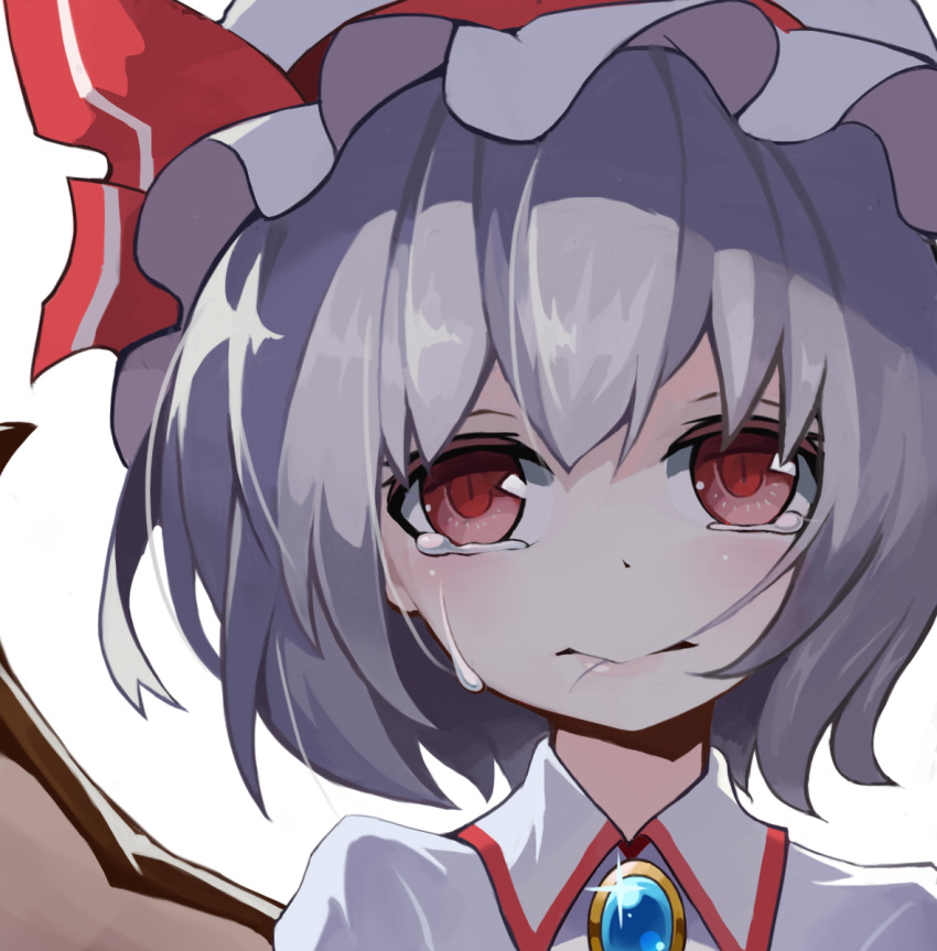 1girl bangs brooch closed_mouth collared_shirt commentary_request crying glint grey_hair hair_in_mouth hat highres jewelry leidami looking_at_viewer mob_cap mouth_hold portrait red_eyes remilia_scarlet shirt short_hair simple_background slit_pupils solo touhou white_background white_hat white_shirt wings