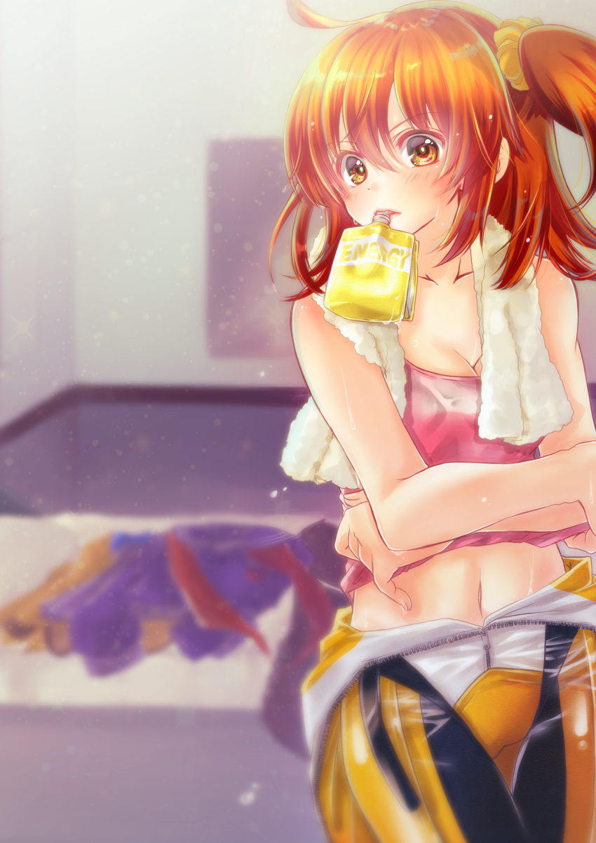 1girl absurdres ahoge bodysuit breasts brown_eyes cleavage collarbone crossed_arms fate/grand_order fate_(series) fujimaru_ritsuka_(female) hair_between_eyes hair_ornament hair_scrunchie highres indoors long_hair medium_breasts midriff mouth_hold navel orange_hair pink_shirt scrunchie shimotsukishin shiny shiny_clothes shirt sleeveless sleeveless_shirt solo standing stomach sweatdrop